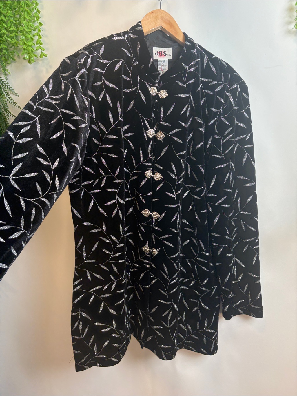 J.B.S. Black Velvet Blazer With Silver Leaf Pattern